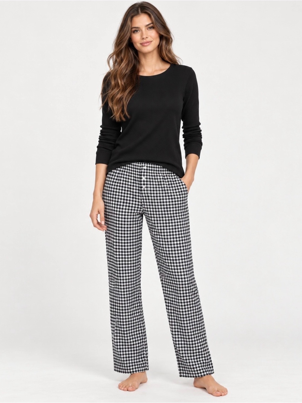 GAP Women’s Black Waffle Knit Top and B&W Gingham Flannel Pajama Pants Pockets 😍